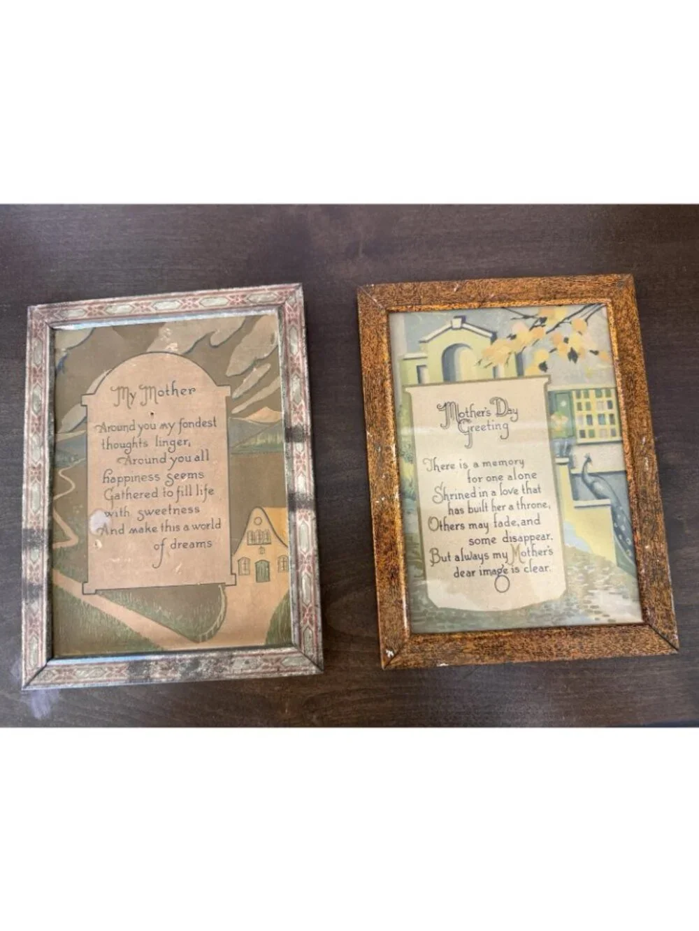 Vintage Mothers Day Greetings Metal Framed Collectable Print 7x9 Inches Set of 2